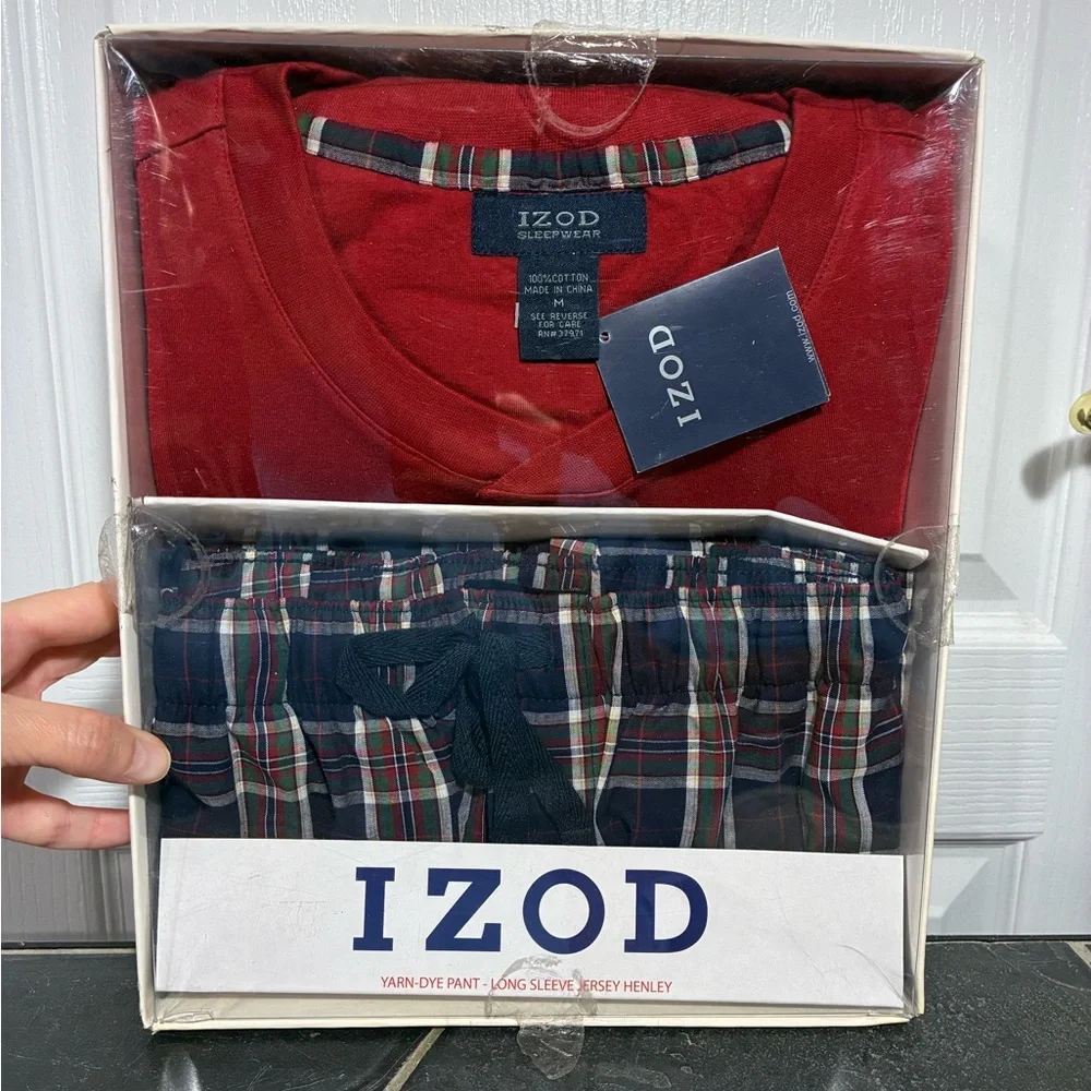 NEW Y2K Izod 2 Pc Pajama Set Red Long Sleeve Henley Blue Plaid Pants Men’s Med